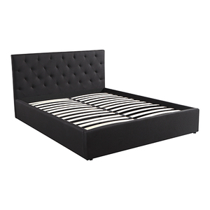 Gilgai Gas Lift Queen Storage Bed Frame Fabric Upholstery in Black with Tufted Headboard