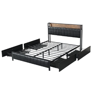  Queen Bed Frame PU 4 Drawer USB Charge