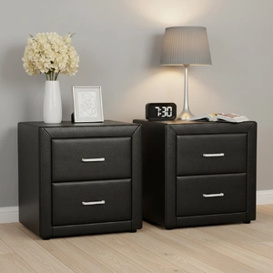 Artiss 2X Bedside Table 2 Drawers Side Table Leather - CADEN Black