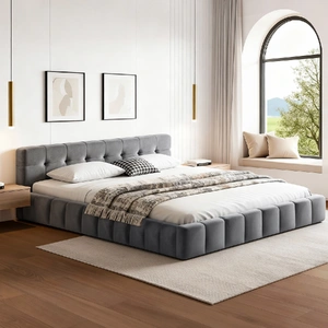Artiss Queen Size Bed Frame Plush Soft Headboard Velvet Platform Base for Modern Bedrooms Grey