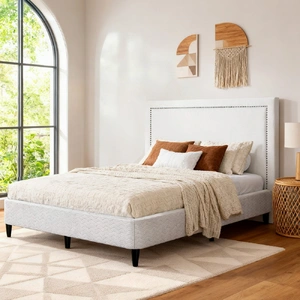 Queen Bed Frame with Headboard Platform Bed Base Grey Beige Fabric Metal