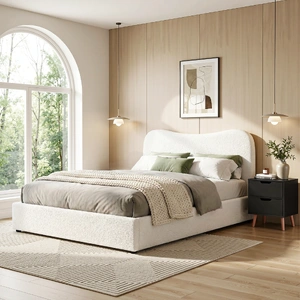 Double Bed Frame and Bedside Table Set Boucle Beige with Headboard Black Nightstand