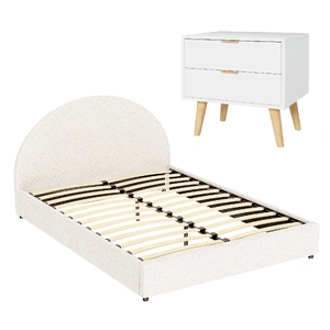Queen Bed Frame Bedside Table Set Gas Lift Storage Base with Boucle Fabric Upholstered Headboard 2 Drawer Nightstand for Bedroom Furniture