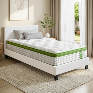 Single Bed Frame with Hybrid Mattress Set 30cm Medium Firm Platform Headboard Boucle Upholstered Pocket Coil for Pressure Relief