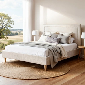 Queen Bed Frame Platform Bed Base Upholstered Headboard Linen Fabric Beige