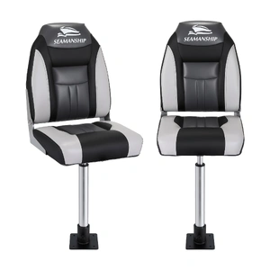 Seamanship 2X Folding Boat Seats with 2X Adjustable Pedestals 55–75cm Marine Seat Swivel High Back 12cm Padding Black