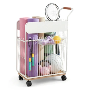 Yoga Mat Storage Rack Mobile Holder with Wheels Basket Home Gym Storage Organizer White