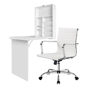 Artiss Computer Desk Office Chair Set PU Leather Wall Mount Foldable Table White
