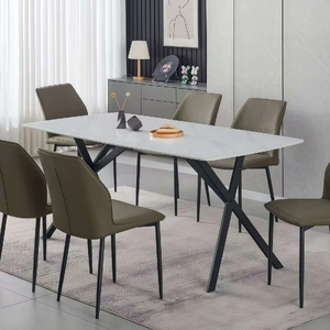 Dining Table Rectangular Shape White Sintered Stone Top Powder Coated Iron Legs