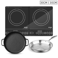 Dual Burners Cooktop Stove, 30cm Cast Iron Frying Pan Skillet and 30cm Induction Fry Pan