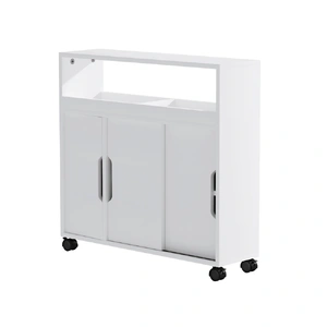 Bathroom Storage Cabinet Toilet Caddy Shelf 3 Doors With Wheels White