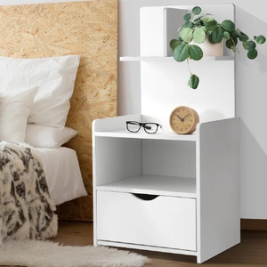 Bedside Table 1 Drawer with Shelves - EVERMORE White