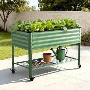 Green Fingers Elevated Raised Garden Bed Kit Mobile w/ Locking Wheels & Storage Shelving Unit 100KG Max Load 115x60x81cm | Galvanized Steel, Portable 