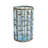  Blue Colored European Glass Cylinder Flower Vase with Gold Metal Pattern