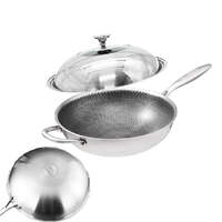 304 Stainless Steel Non-Stick Stir Fry Cooking Kitchen Wok Pan with Lid Honeycomb Single Sided