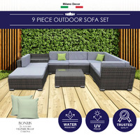 Milano Outdoor 9 Piece Rattan Sofa Set - Black Coating & Grey Seats