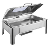 9L Rectangular Stainless Steel Soup Warmer Roll Top Chafer Chafing Dish Set with Glass Visual Window Lid