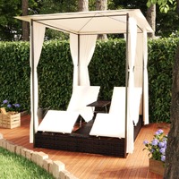 Double Sun Lounger with Curtains Poly Rattan