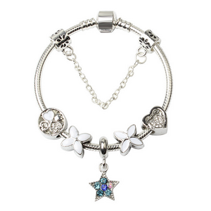 Women Silver Plated Bracelet Snake Chain with Classic Bead Barrel Clasp and Blue Star Pendant
