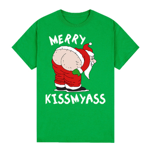 100% Cotton Christmas T-shirt Adult Unisex Tee Tops Funny Santa Party Custume, Merry Kissmyass (Green)