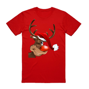 100% Cotton Christmas T-shirt Adult Unisex Tee Tops Funny Santa Party Custume, Reindeer Wink (Red)