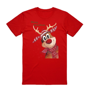 100% Cotton Christmas T-shirt Adult Unisex Tee Tops Funny Santa Party Custume, Reindeer (Red)