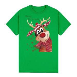 100% Cotton Christmas T-shirt Adult Unisex Tee Tops Funny Santa Party Custume, Reindeer (Green)