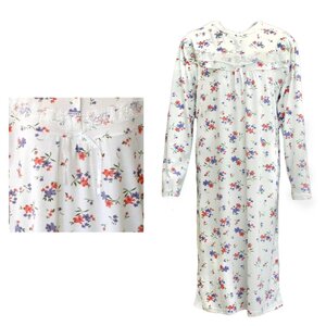 100% Cotton Women Nightie Night Gown Pajamas Pyjamas Winter Sleepwear PJs Dress, Red & Purple Flowers