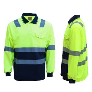 HI VIS Long Sleeve Workwear Shirt w Reflective Tape Cool Dry Safety Polo 2 Tone, Fluoro Yellow /Navy
