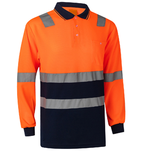 HI VIS Long Sleeve Workwear Shirt w Reflective Tape Cool Dry Safety Polo 2 Tone, Fluoro Orange / Navy