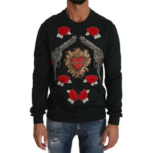 Dolce &amp; Gabbana Green Cotton Crystal Heart Roses Embroidered Pullover Sweater
