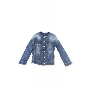 Round Neckline Denim Jacket with Metal Buttons and Contrast Stitching