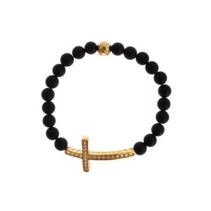 Authentic NIALAYA Bracelet with Matte Onyx Beads and CZ Diamond Cross