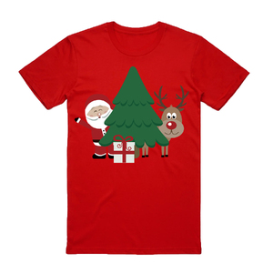 100% Cotton Christmas T-shirt Adult Unisex Tee Tops Funny Santa Party Custume, Santa with Tree (Red)