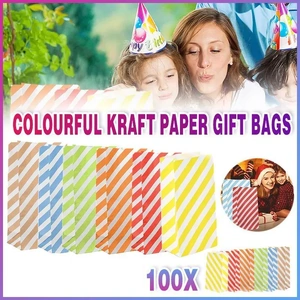 100X Colourful Plaid Kraft Paper Bag Candy Cookie Snack Cake Gift Bags 9X6X18cm