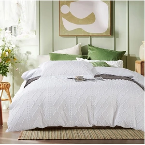 Tufted Boho Embroidery Quilt Doona Duvet Cover Set - White