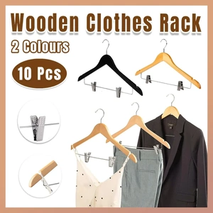 10 Piece Wooden Non-Slip Wide Shoulder Clothes Hanger with Clip for Hotel Wardrobe