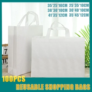 100PCS Reusable Non Woven Shopping Bags Eco Friendly Washable Tote Bags White