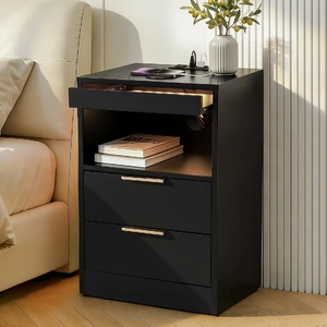 Bedside Table LED Nightstand Charging Station 2 Drawers