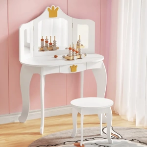 Kids Dressing Table Vanity Makeup Chair Set Wooden 3 Mirror Drawer