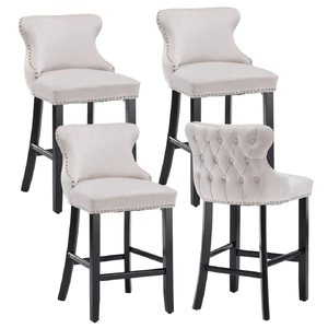 4x Velvet Upholstered Button Tufted Bar Stools with Wood Legs and Studs