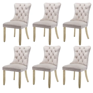 6x Velvet Dining Chairs Upholstered Tufted Kithcen Chair with Solid Wood Legs Stud Trim and Ring