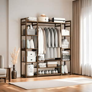 Bamboo Garment Rack Garment Closet Storage Organizer Hanging Rail Shelf Dress room