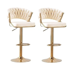 2x Height Velvet Padded Golden Round Base Barstools Chairs