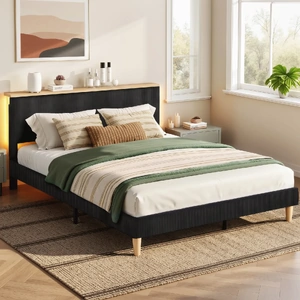 Bed Frame Upholstered Adjustable Headboard Mood Lighting Heavy Duty Velvet