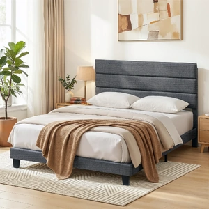 Bed Frame Upholstered Platform Base with Geometric Headboard Charcoal Grey Linen Wood Slats for Modern Bedroom Furniture Home Decor