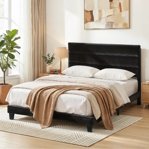 Bed Frame Upholstered Platform Base with Geometric Headboard Velvet