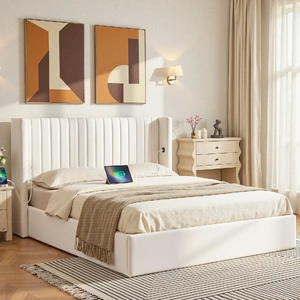 Bed Frame with Gaslift Storage USB Type-C Charging Ports Velvet Upholstery