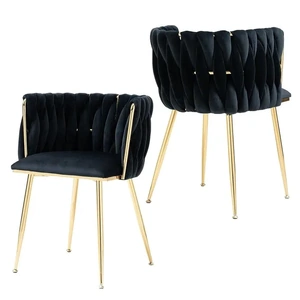 SERENITà Modern Hand Weaving Dining Chairs,Velvet Upholstered Side Chairs with Gold Legs, Chic Vanity Chairs with Armrest, Accent Chair for Dini