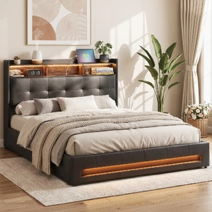 Bed Frame with Gas Lift Storage LED Lights Charging Station Headboard with Open Shelf